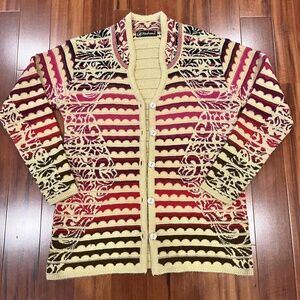 Modrena Multicolor Red Cardigan Button-Up Knitted Collared Long-Sleeve Size‎ L